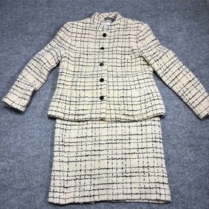 Kate Hill Skirt Suit Womens 12 Cream Black Tweed Wool Blend Career Wear